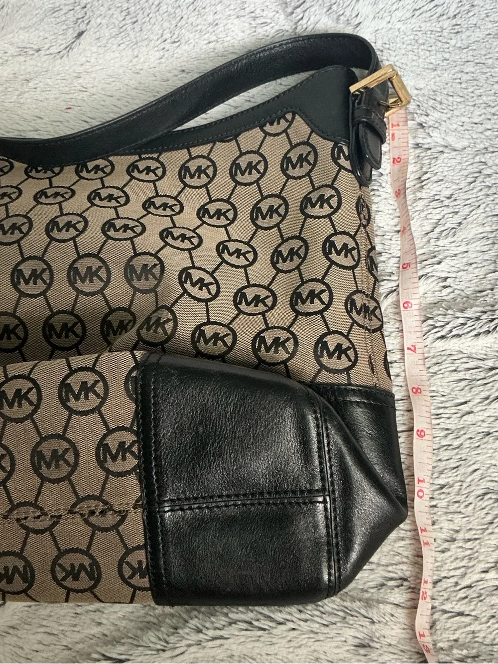 Michael Kors Brown Logo Canvas Shoulder Bag with Black Leather Trim~